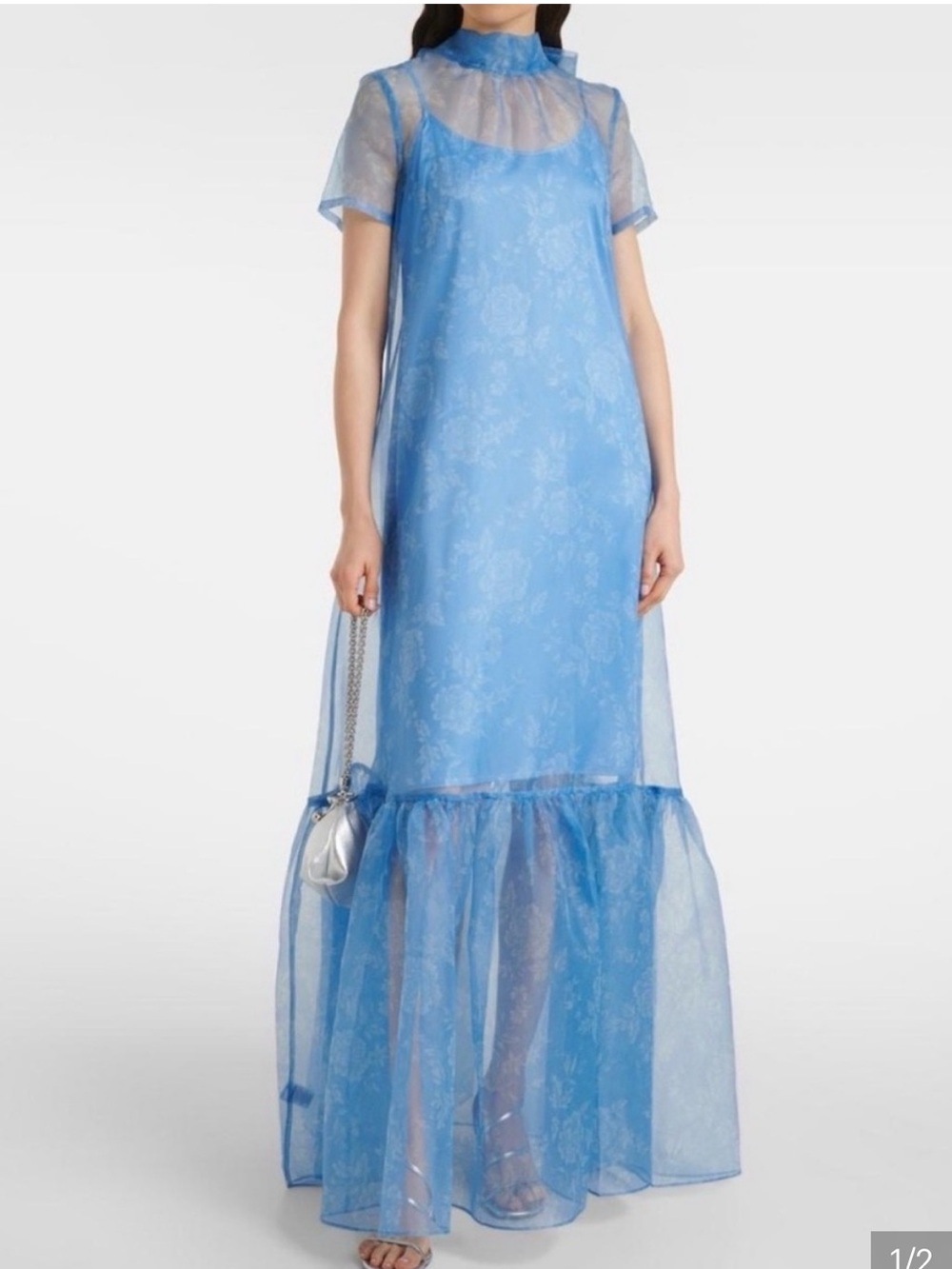 STAUD Blue Sheer Maxi Dress with Ruffle Hem